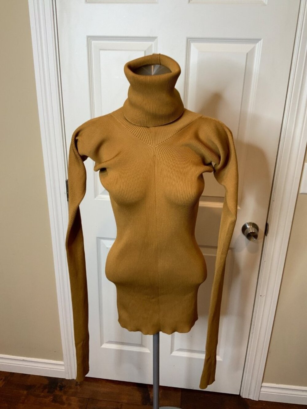 Marni Dark Yellow Roll-Neck Ribbed Mini Dress W/ Elongated Sleeves, Size M